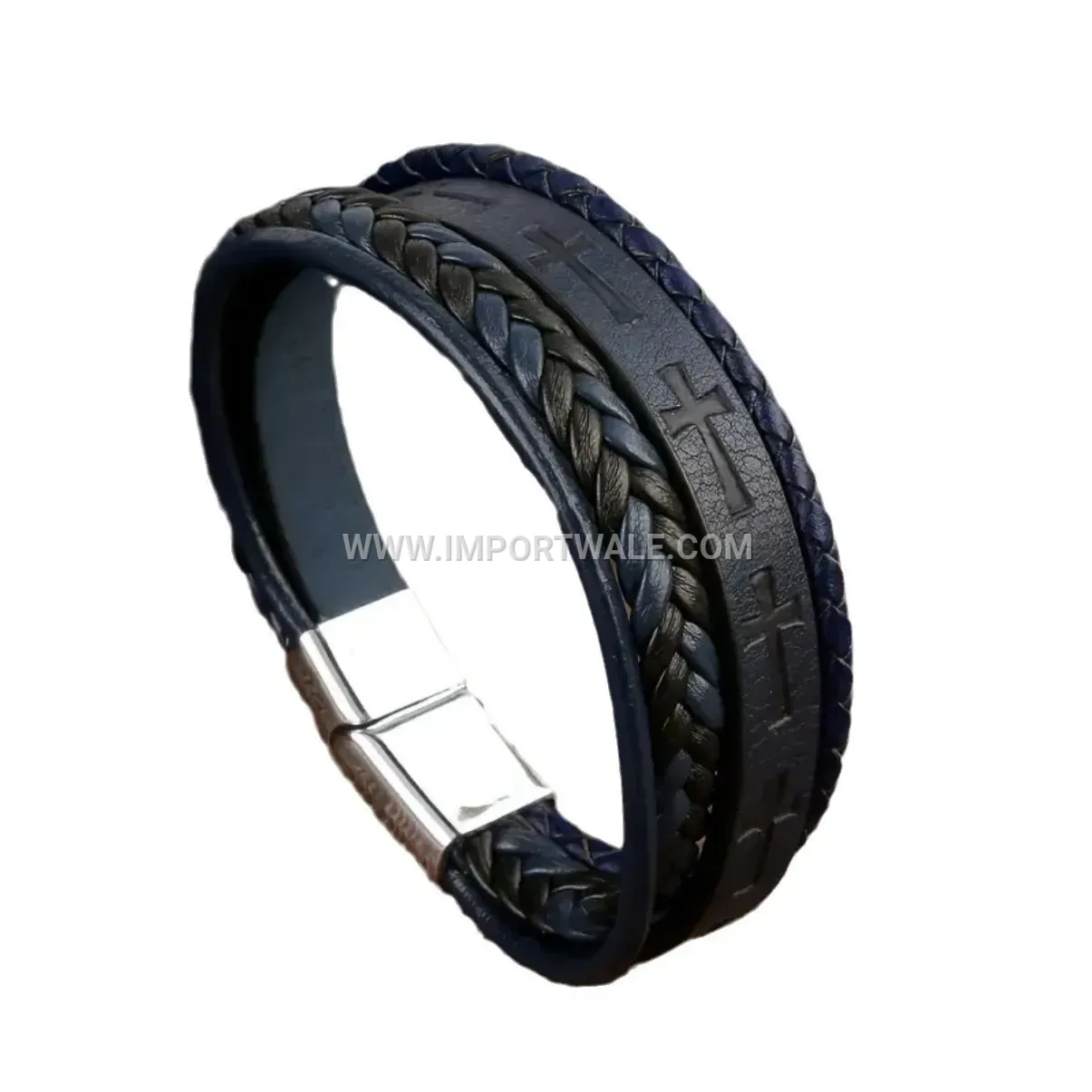 Cross Print Braided Leather Wristband With Metallic Magnetic Clasp