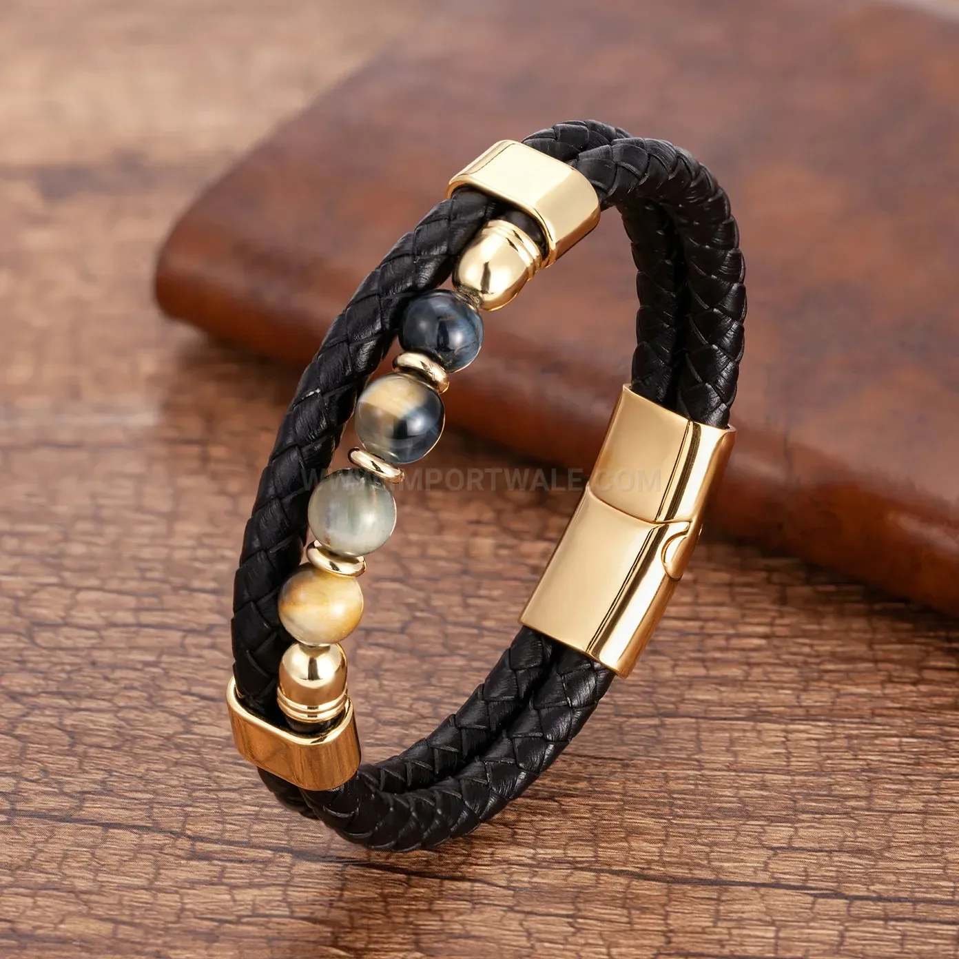Double Strand Woven Leather and Stone Stainless Steel Bracelet