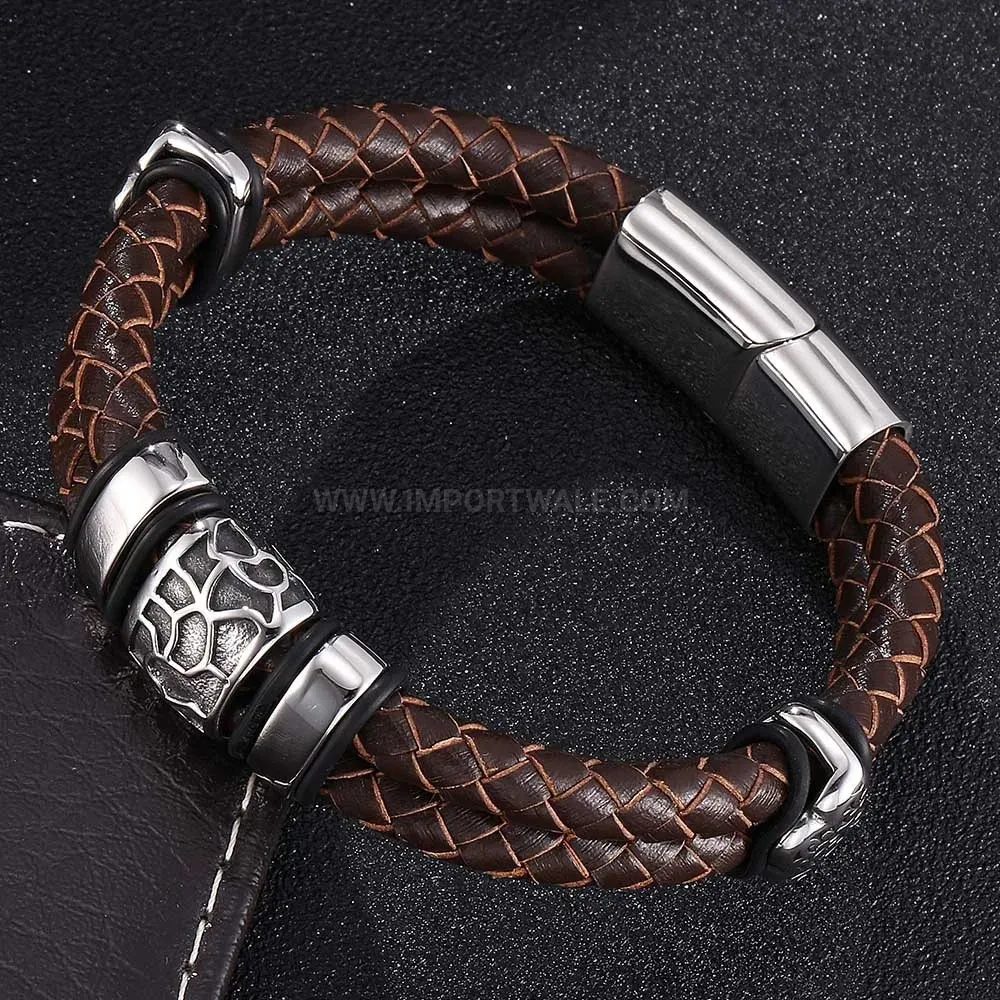 Elegant Braided Brown Genuine Leather Cuff Bracelet With Stainless Steel Clasp