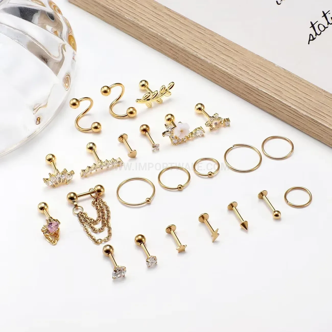 Premium Crystal Leaf Floral Chain Stainless Steel Ear Piercing Set