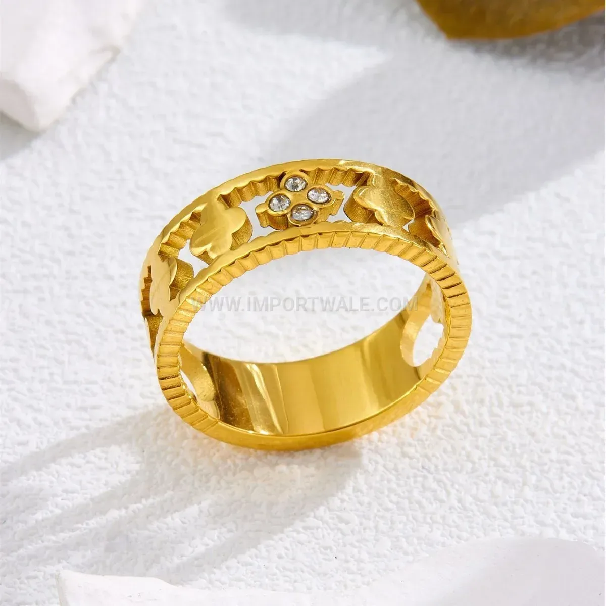 Gold Titanium Steel Floral Cubic Zirconia Hollow Four Leaf Clover Ring