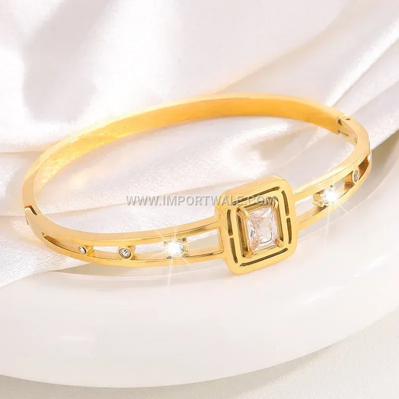 Gold Plated Titanium Steel Square Stone Bangle