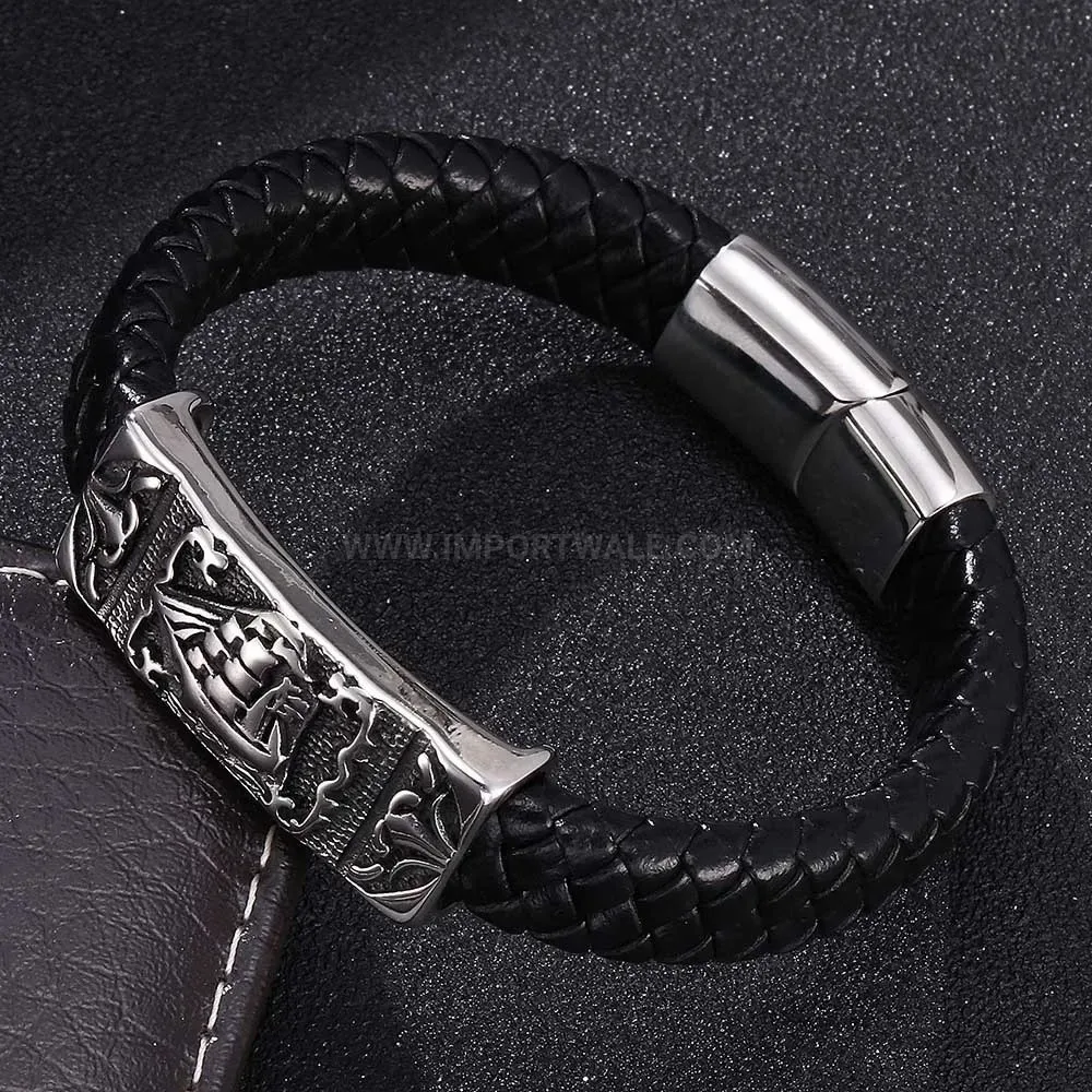 Woven Leather Nautical Anchor Bracelet with Stainless Steel Clasp