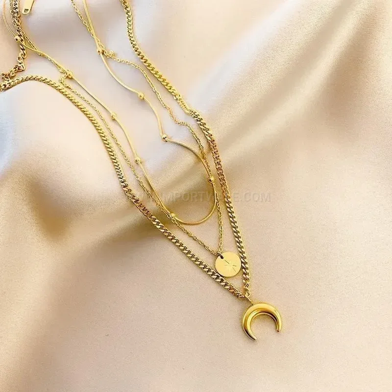 Stylish Layered Titanium Steel Star and Moon Pendant Necklace