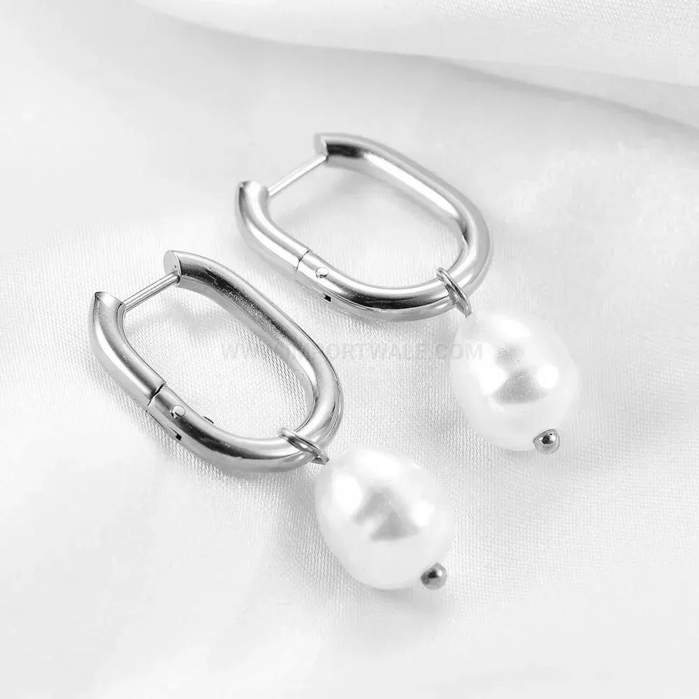 Trendy Faux Pearl U-Shaped Stainless Steel Huggie Earrings