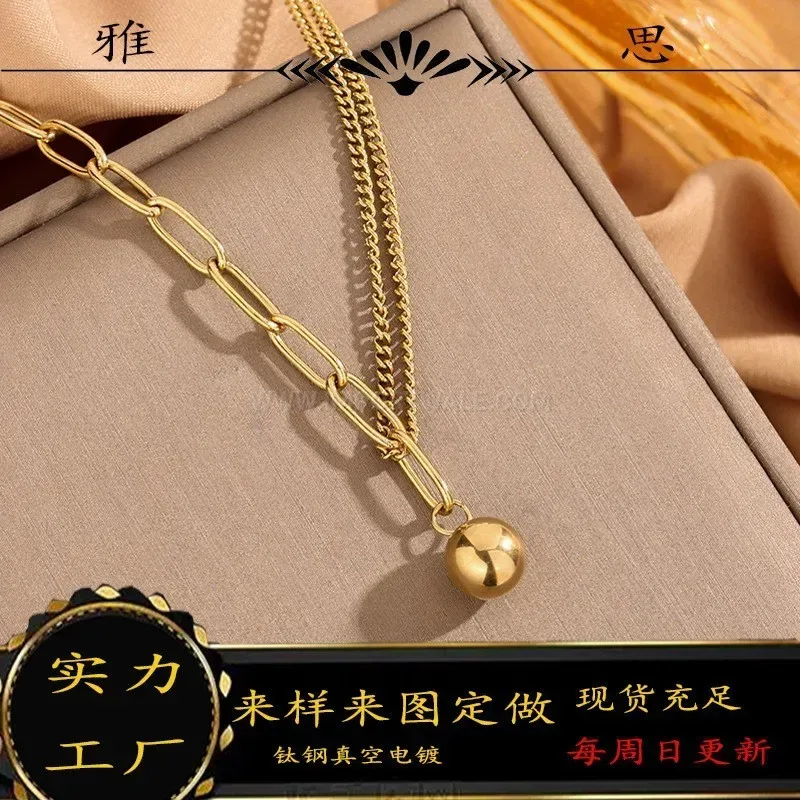 Bold Gold Plated Stainless Steel Small Golden Ball Pendant Necklace