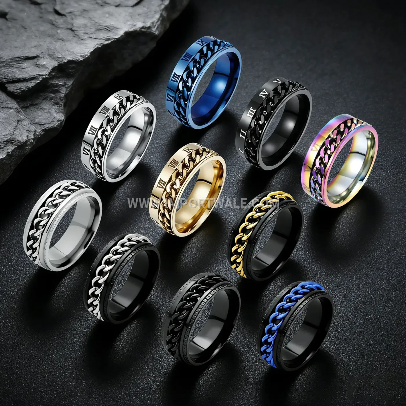 Rotatable Chain Stainless Steel Roman Numeral Ring Set