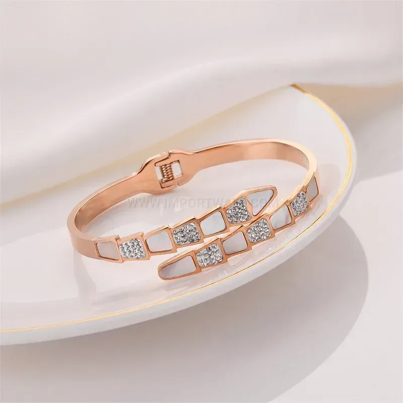 Classic White Shell and Rhinestone Titanium Steel Open Cuff Bangle