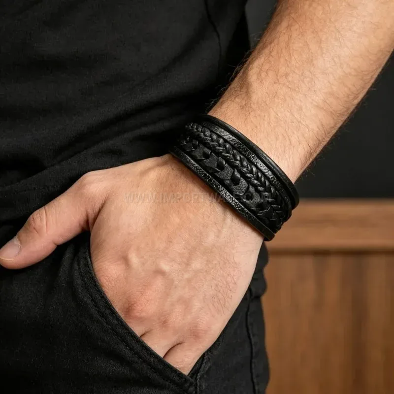 Trendy Multi-Strand Braided Leather Wristband with Magnetic Closure