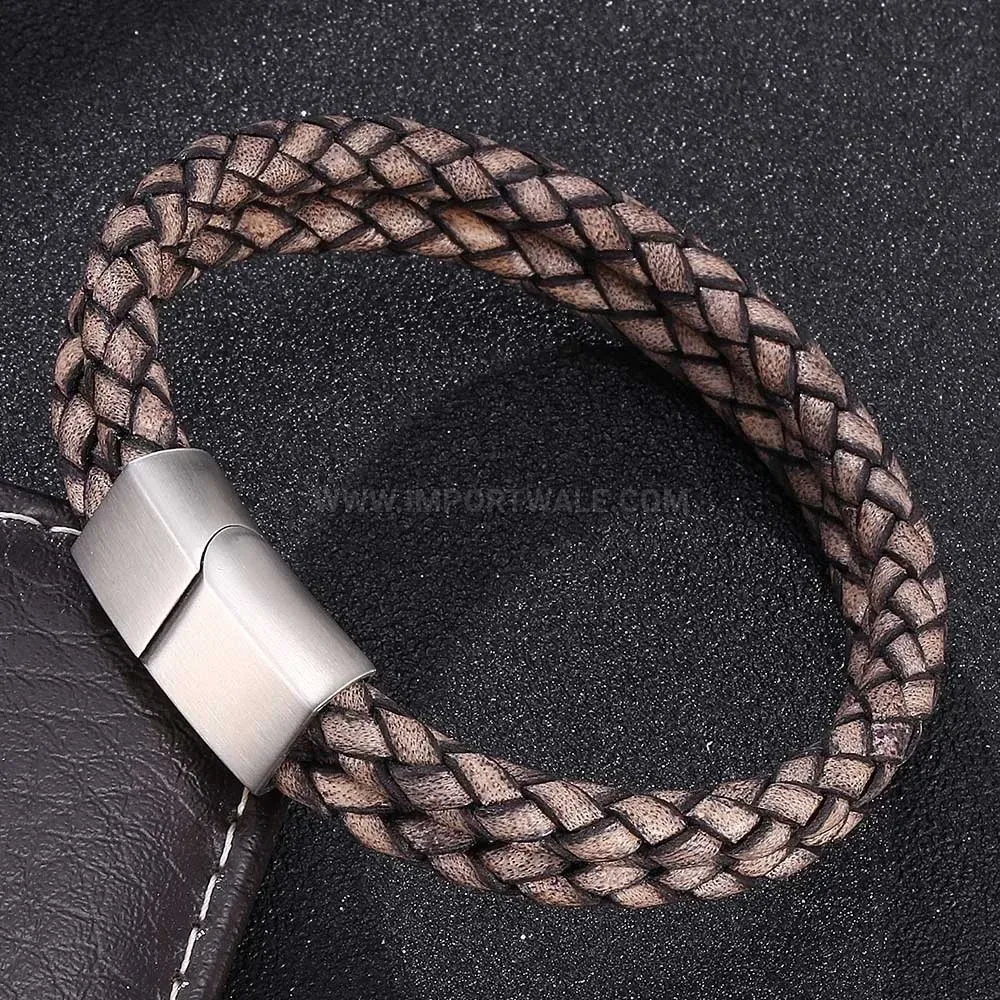 Vintage Stainless Steel Magnetic Clasp Leather Wristband Accent