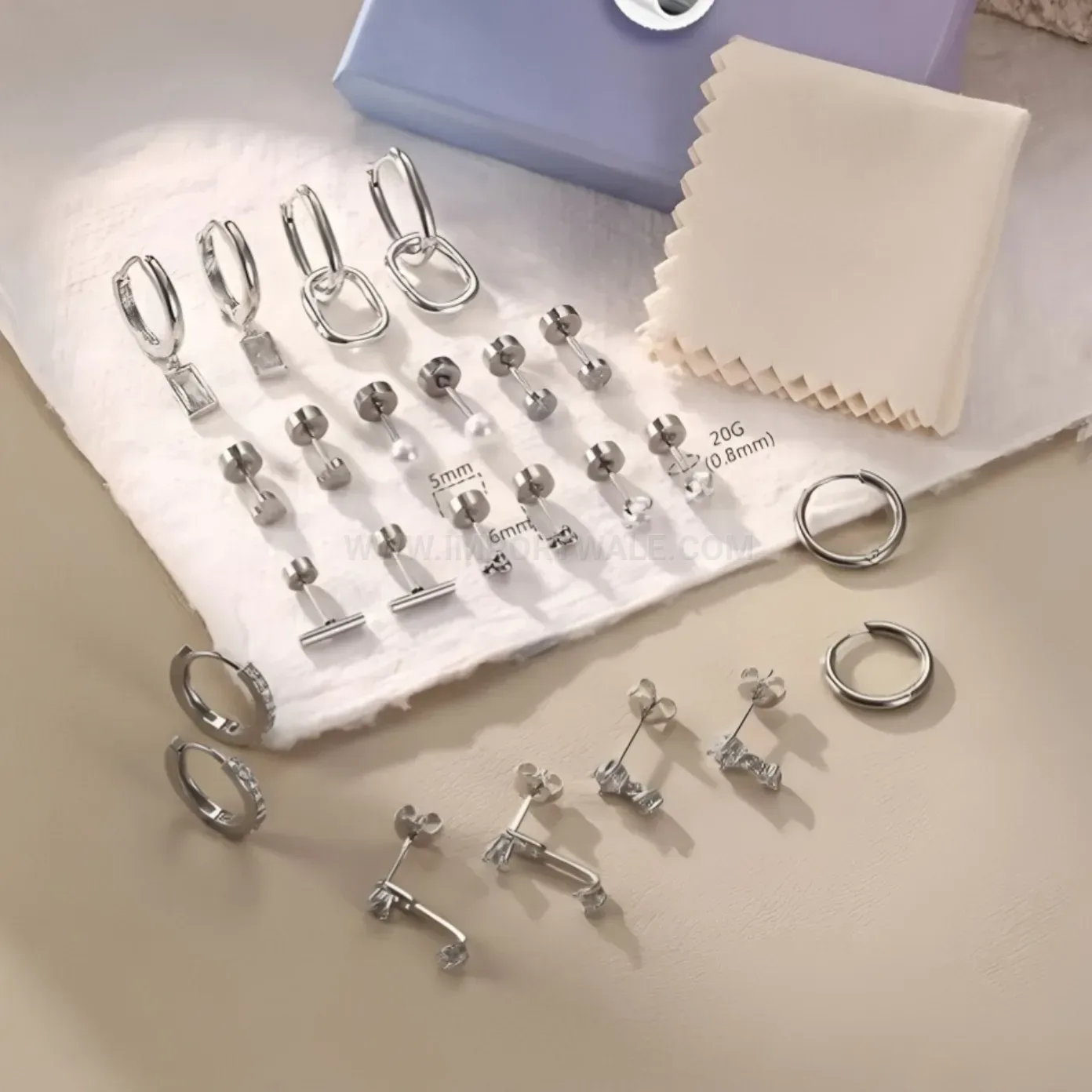 Classic Geometric Stainless Steel Crystal and Pearl Piercing Stud Set