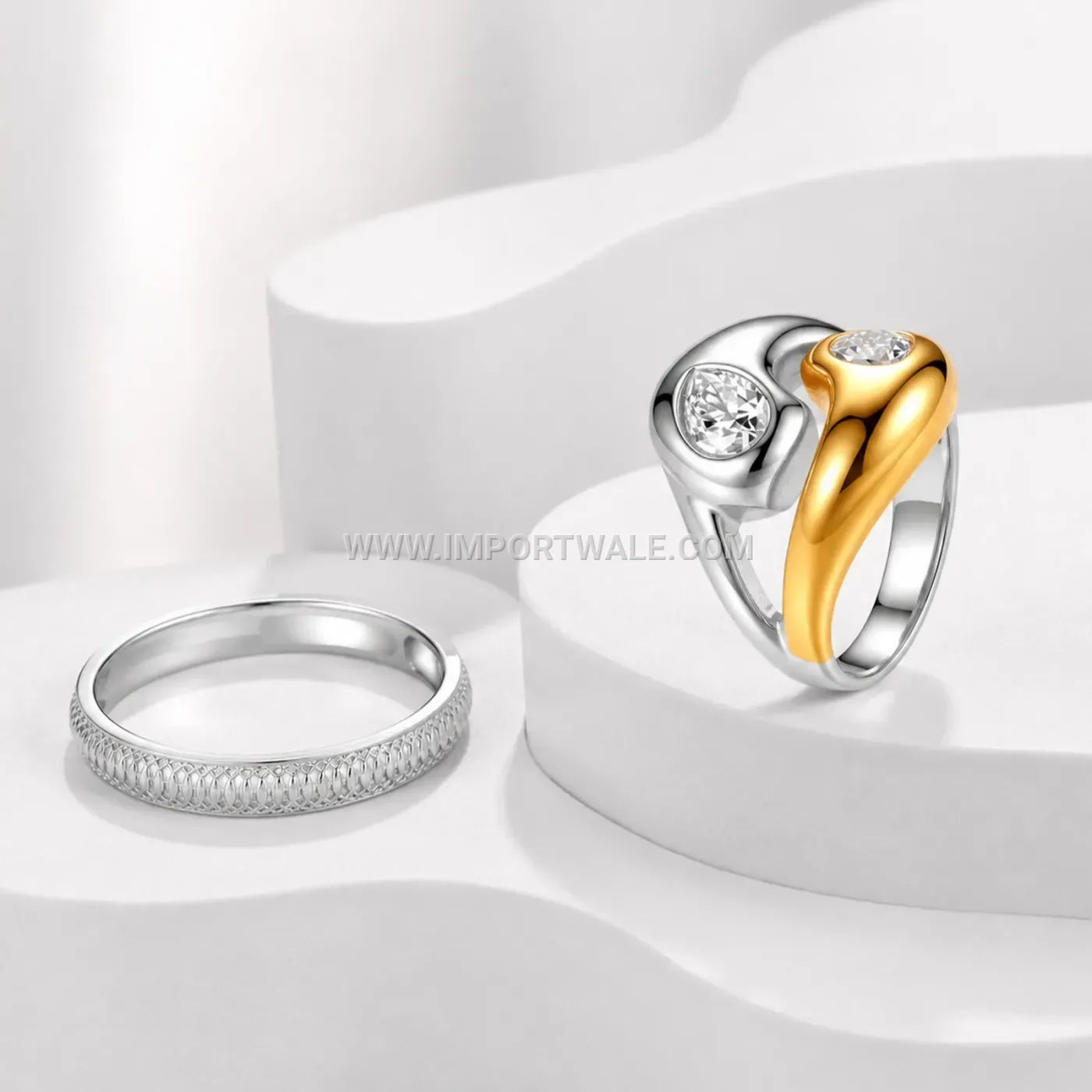 Two-Tone Two-Stone Crystal Accent Stainless Steel Ring Set