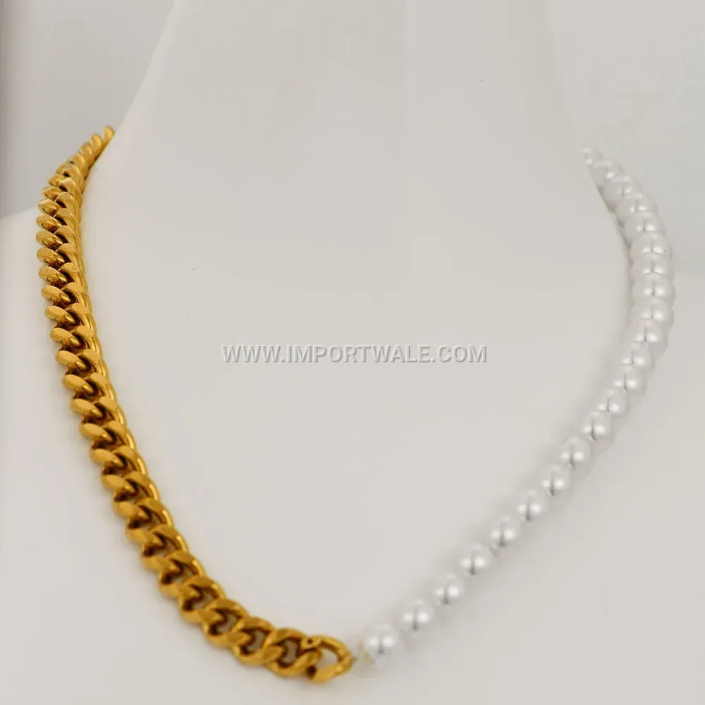 Stainless Steel Pearl Splice Cuban Chain OT Clasp Necklace