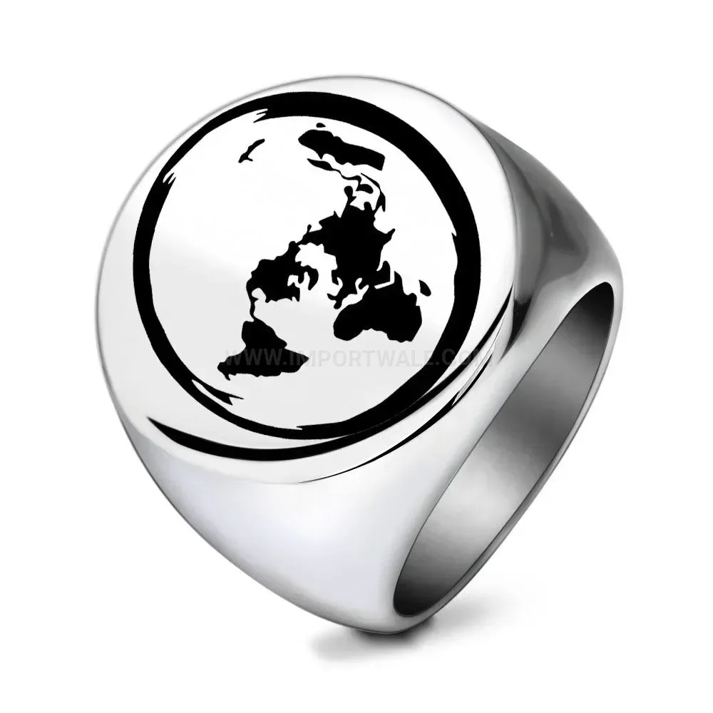 Premium Laser Engraved Earth Map Stainless Steel Signet Ring