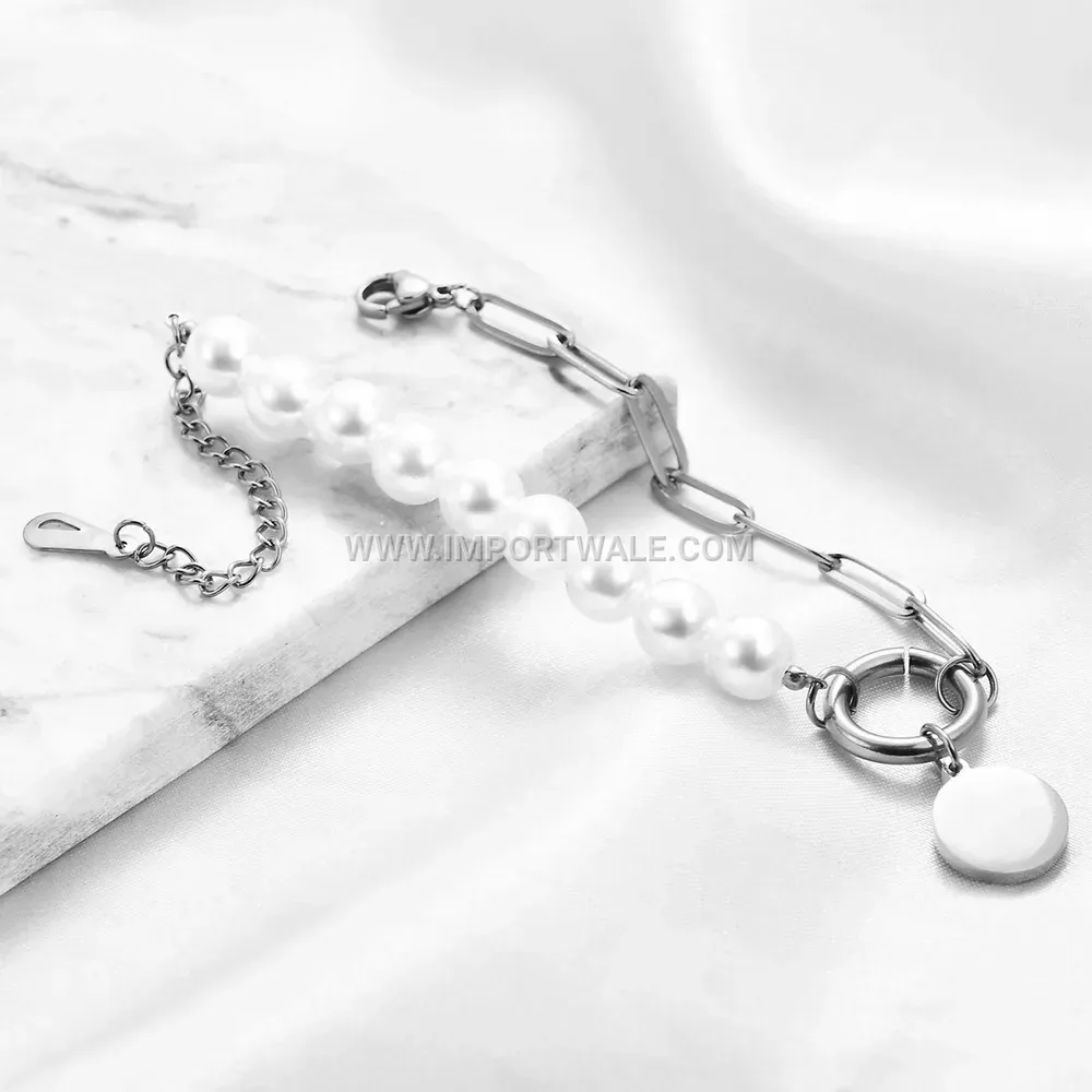 Stainless Steel Faux Pearl Link Bracelet with Smooth Disc Charm