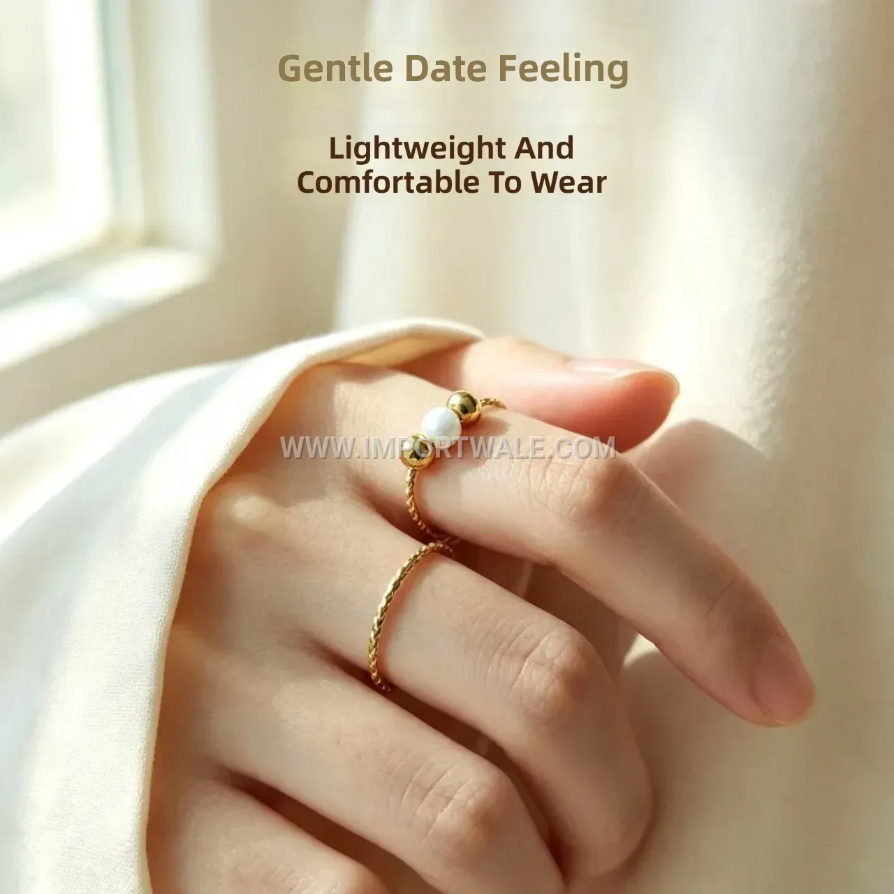 Pearl Accent Gold Beaded Stainless Steel Ring