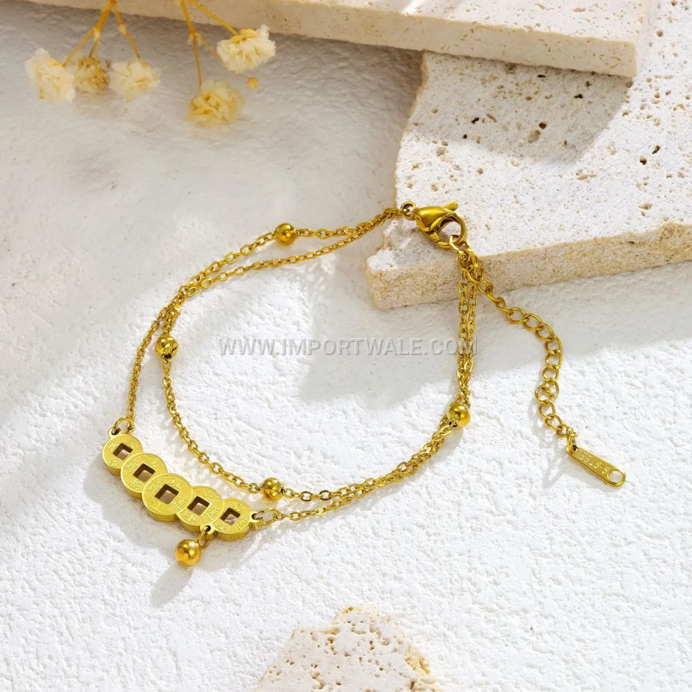 Gold Titanium Steel Layered Coin Motif Anti Tarnish Anklet