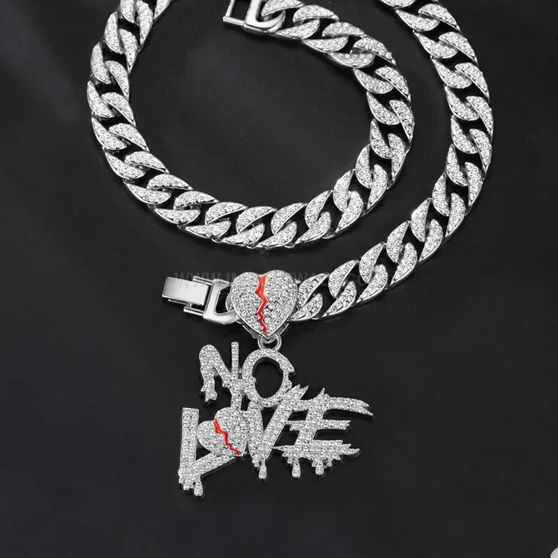 Full Rhinestone Letter Heart Patchwork Hip Hop Cuban Chain Pendant