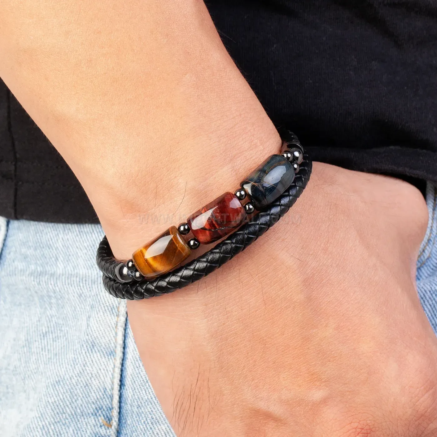 Braided Leather Bamboo Stone Bracelet with Stainless Steel Magnetic Clasp