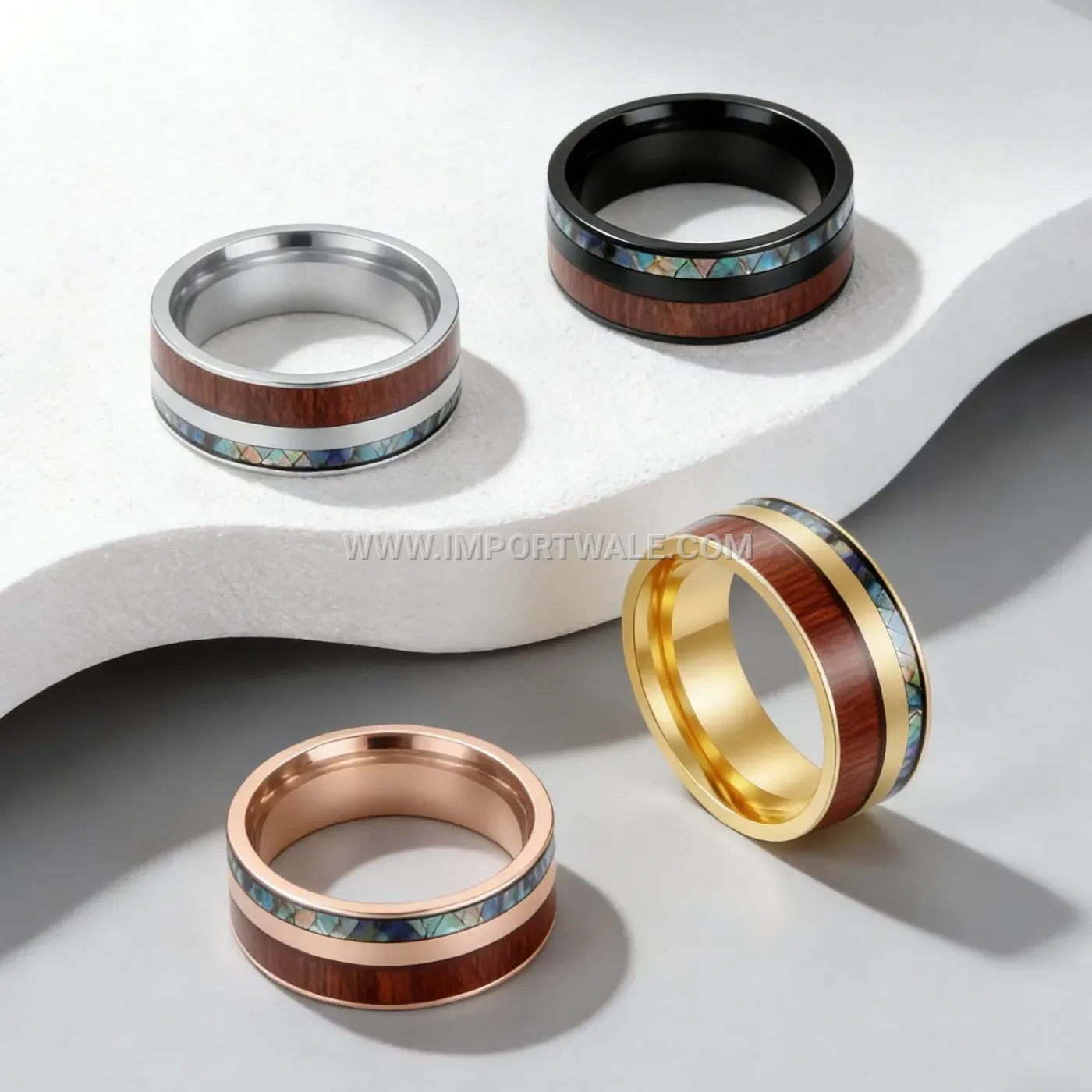Wood Grain Abalone Shell Inlay Stainless Steel Ring