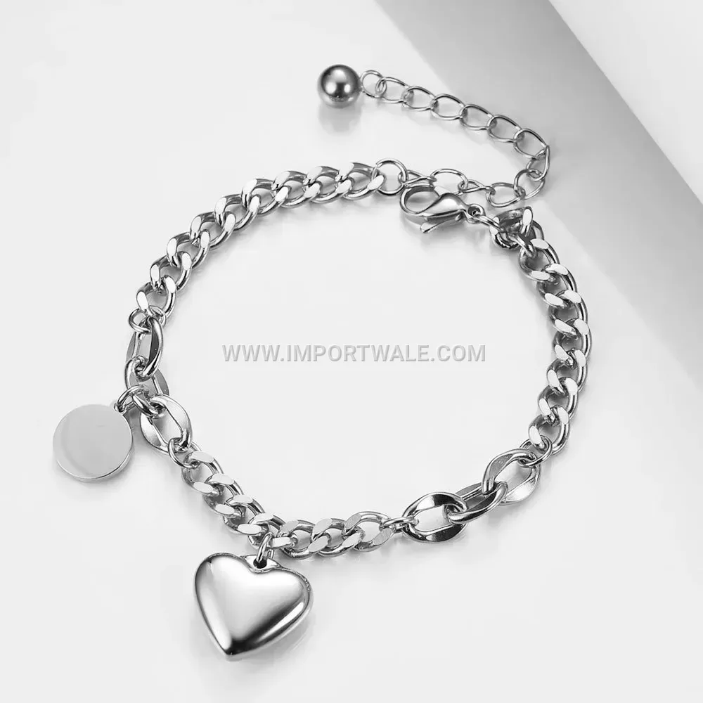 Wide Cuban Chain Stainless Steel Heart Charm Bracelet