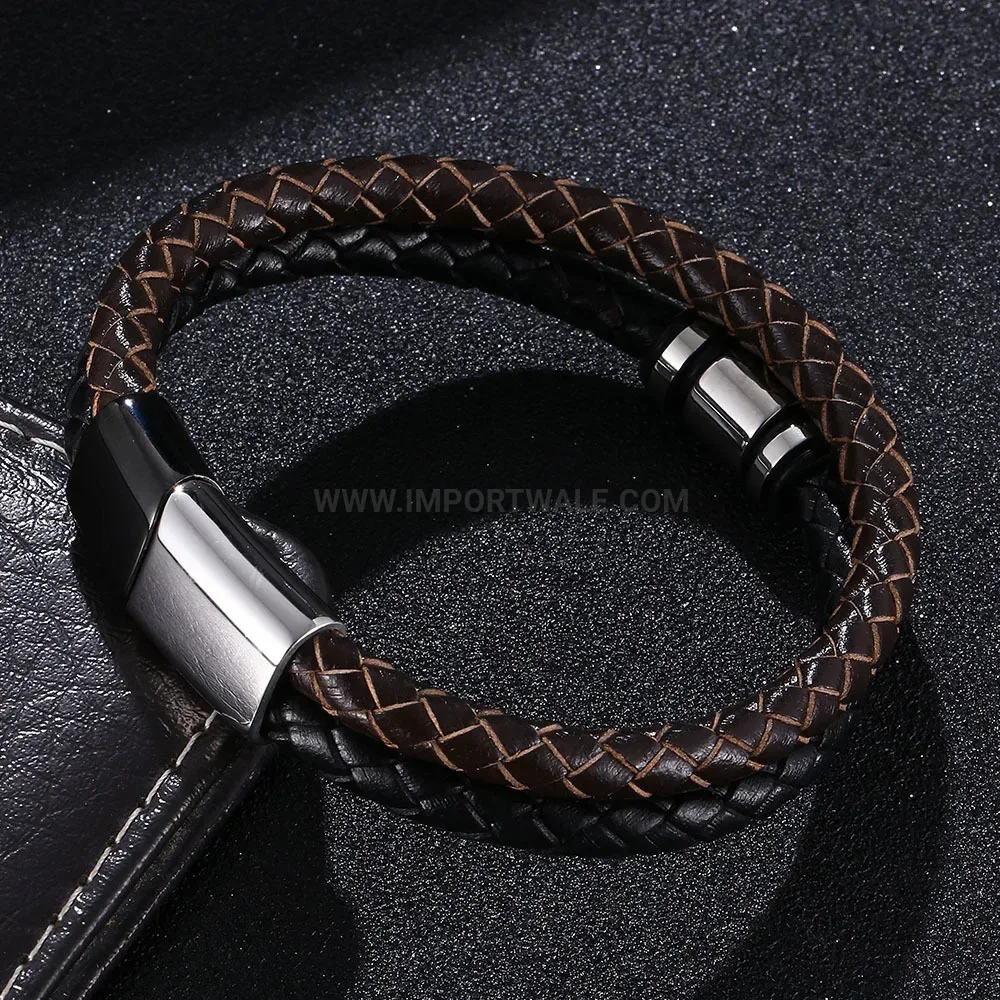 Multi Strand Leather Beaded Bracelet with Stainless Steel Details