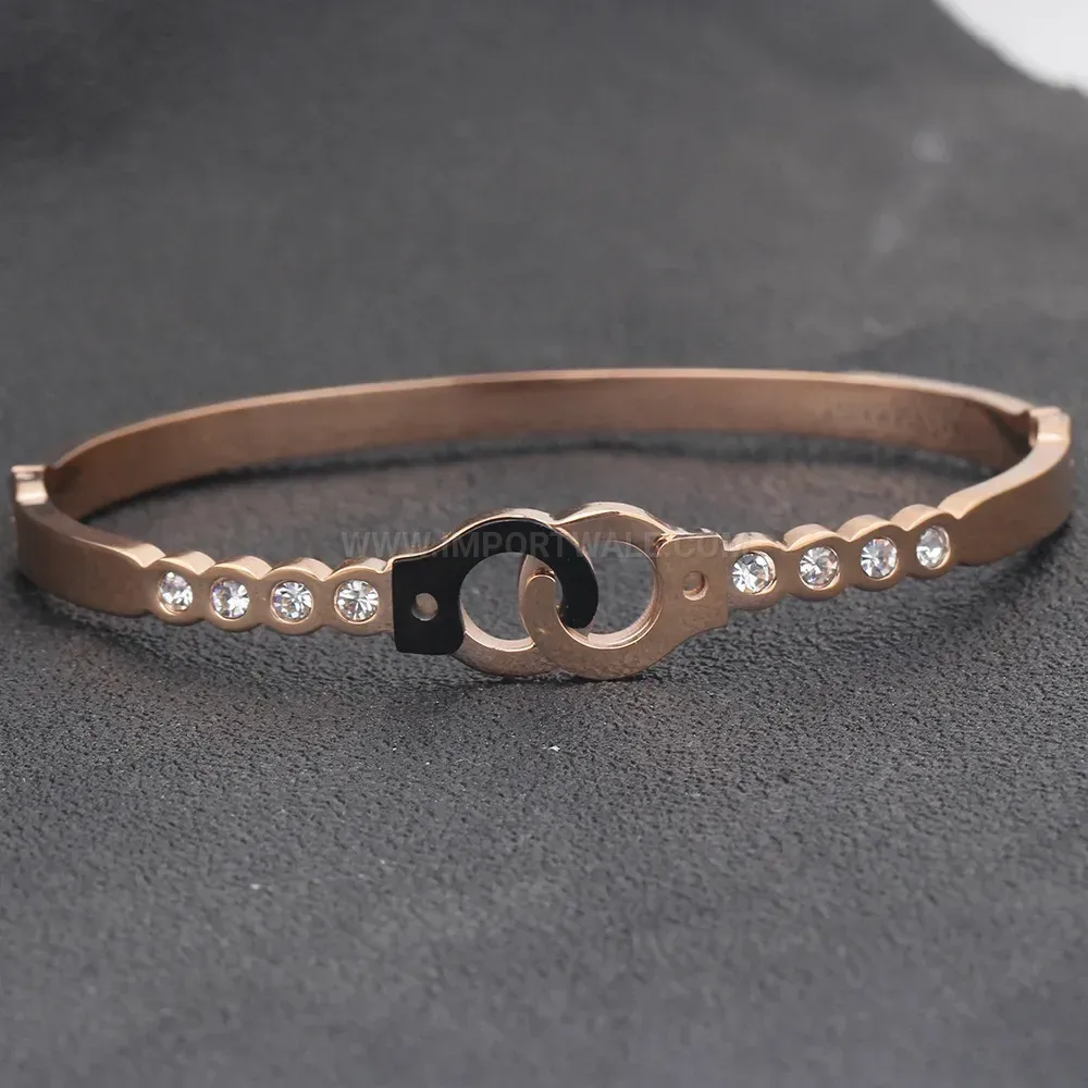 Stylish Rose Gold Stainless Steel Handcuff Bangle with Crystal Accents
