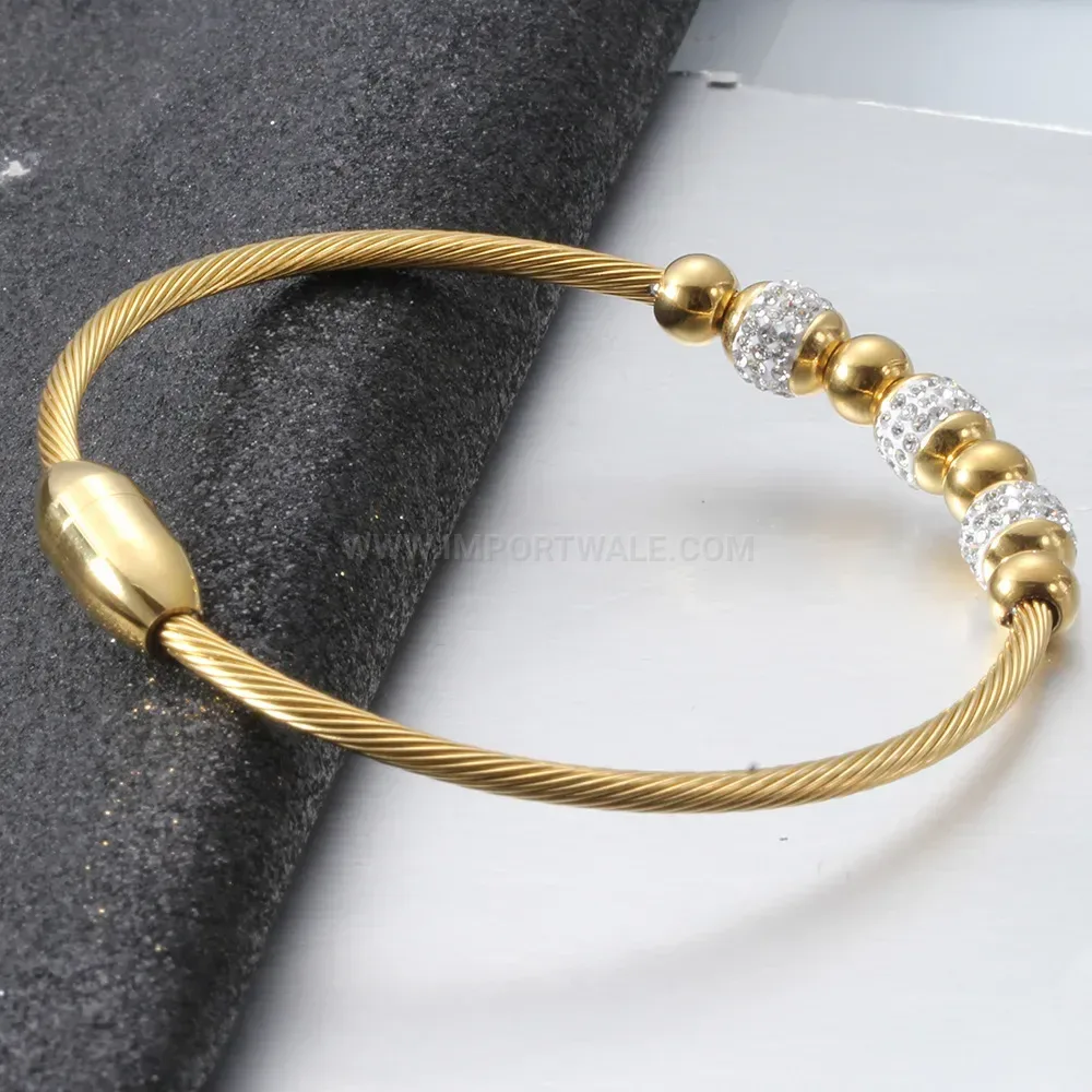 Chic Rhinestone Symmetrical Bead Magnetic Clasp Stainless Steel Bangle