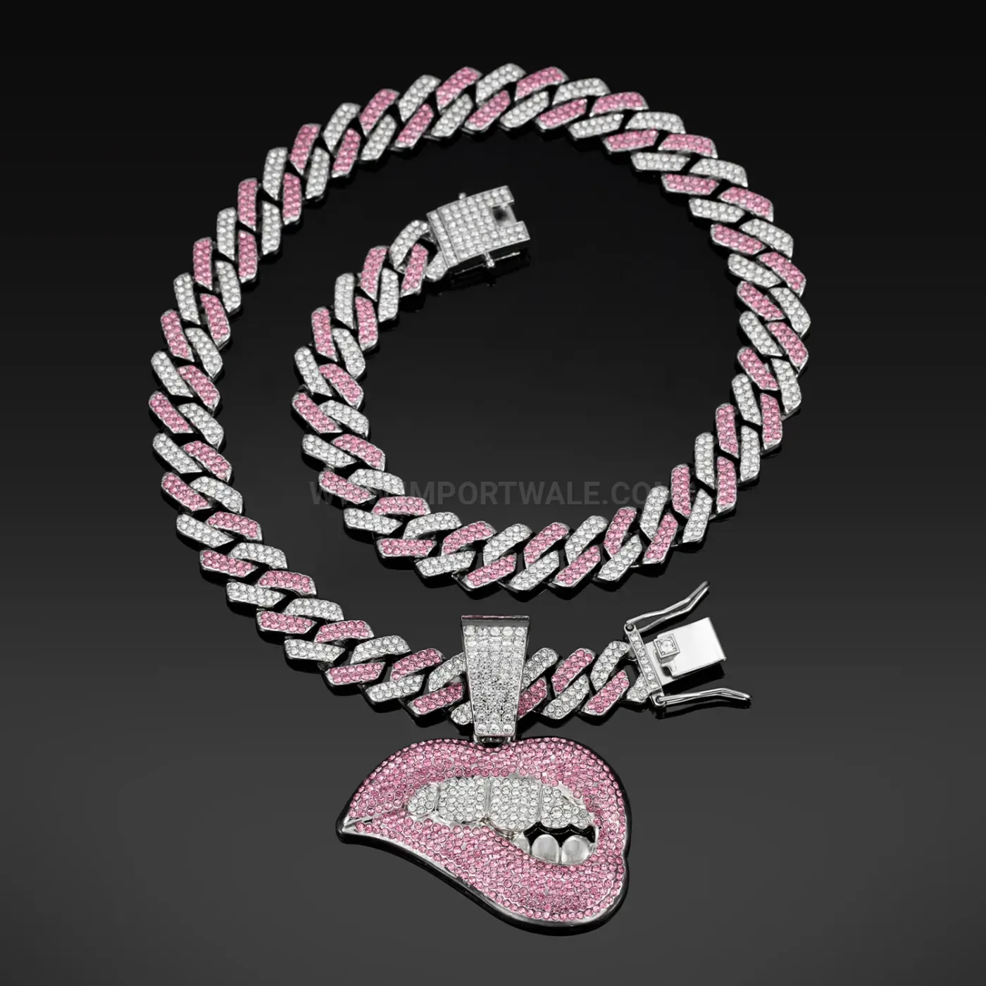 Trendy Pink Rhinestone Lips Pendant Cuban Chain Necklace