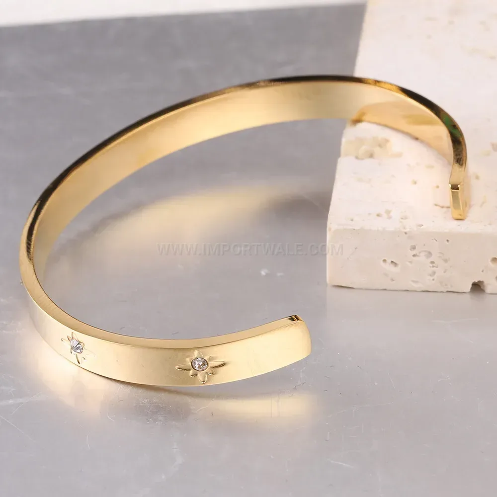 Chic 18K Gold Plated Stainless Steel Hollow Sun Bangle with Rhinestones