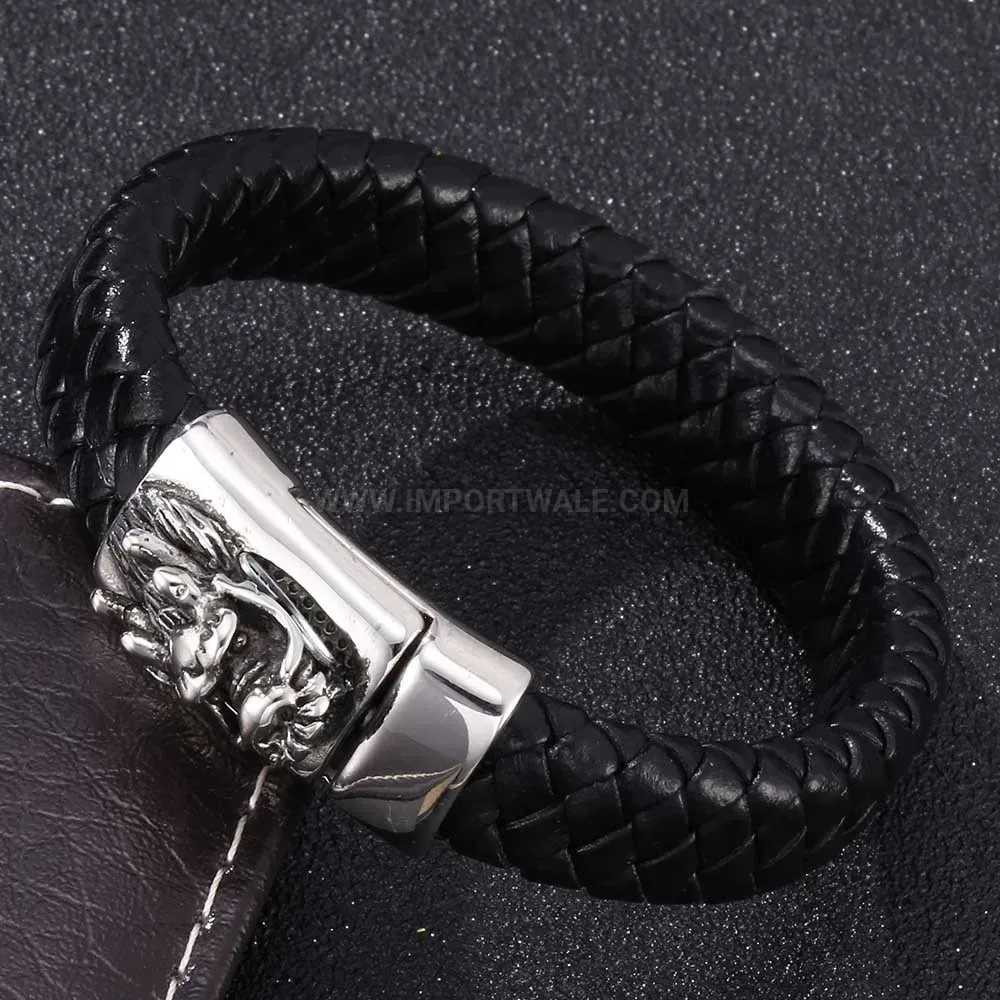 Vintage Dragon Head Leather Bracelet With Stainless Steel Magnetic Closure