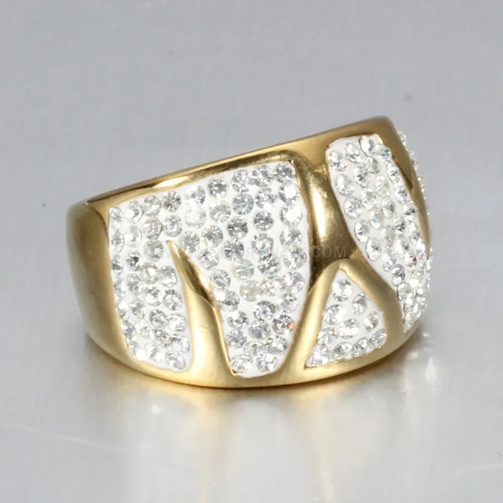 Wave Shaped Gold Plated Stainless Steel Rhinestone Ring
