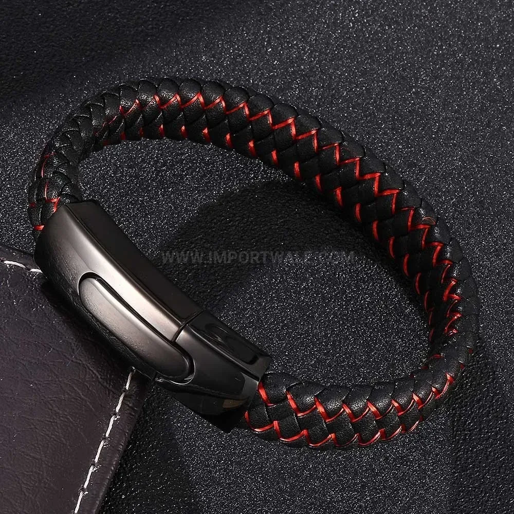 Two-Tone Leather Stainless Steel Fashion Cuff Bracelet
