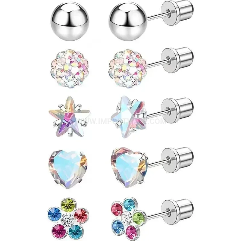 Fashion Colorful Zircon And Pearl Stainless Steel Piercing Stud Set