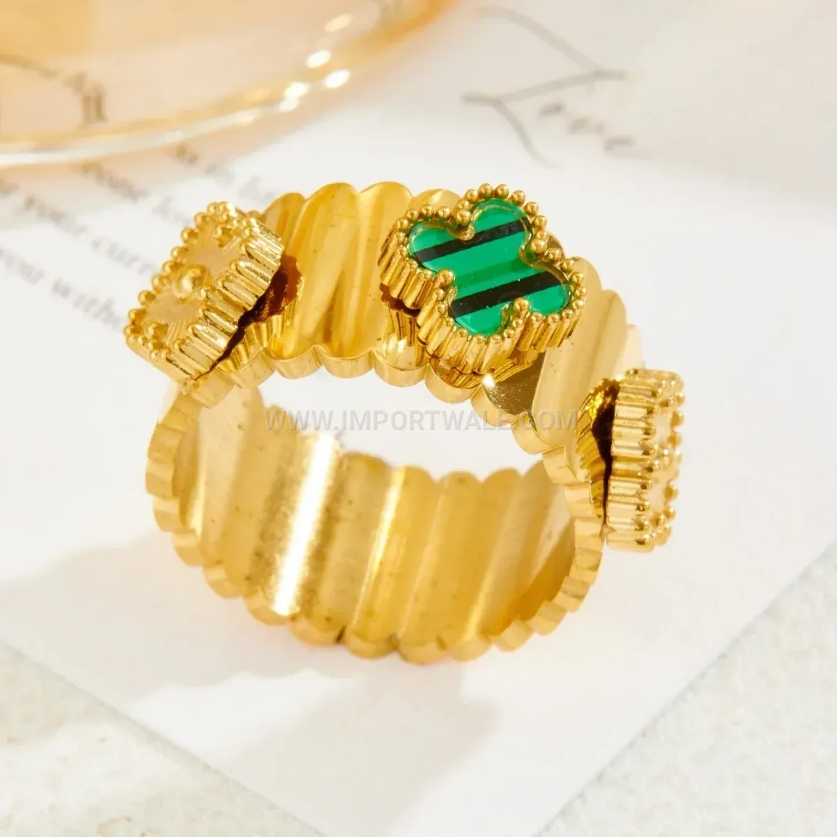 Gold Plated Stainless Steel Four Leaf Clover Band Ring