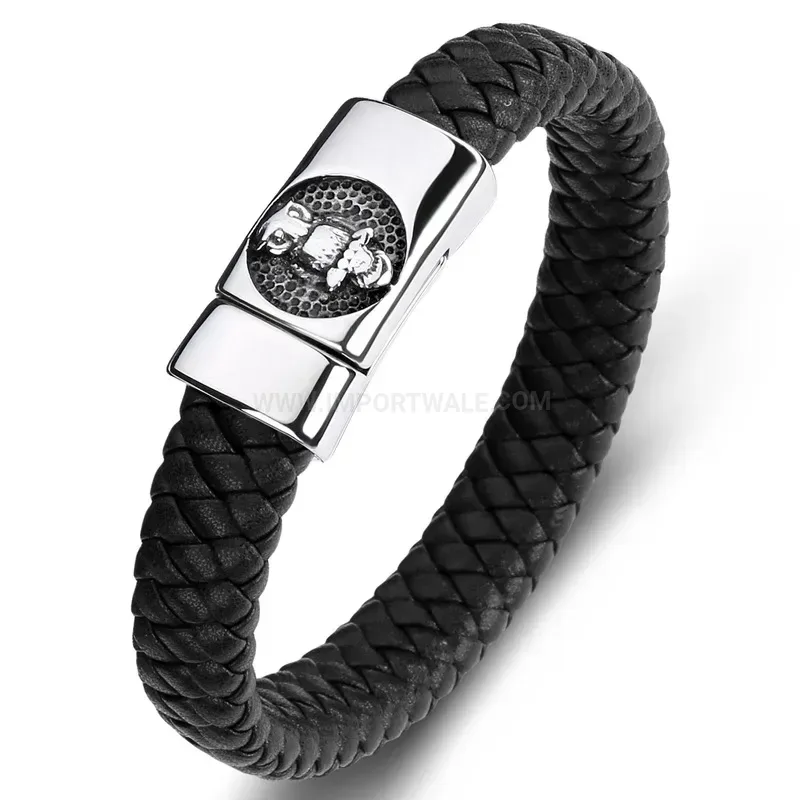 Fashion Stitched Braided Leather Stainless Steel Bird Motif Bracelet