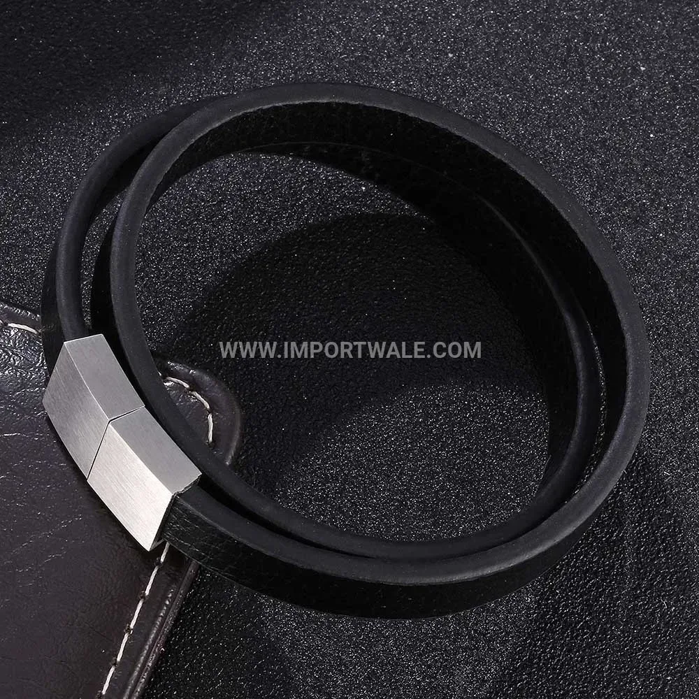 Double Wrap Black Leather Stainless Steel Magnetic Clasp Bracelet