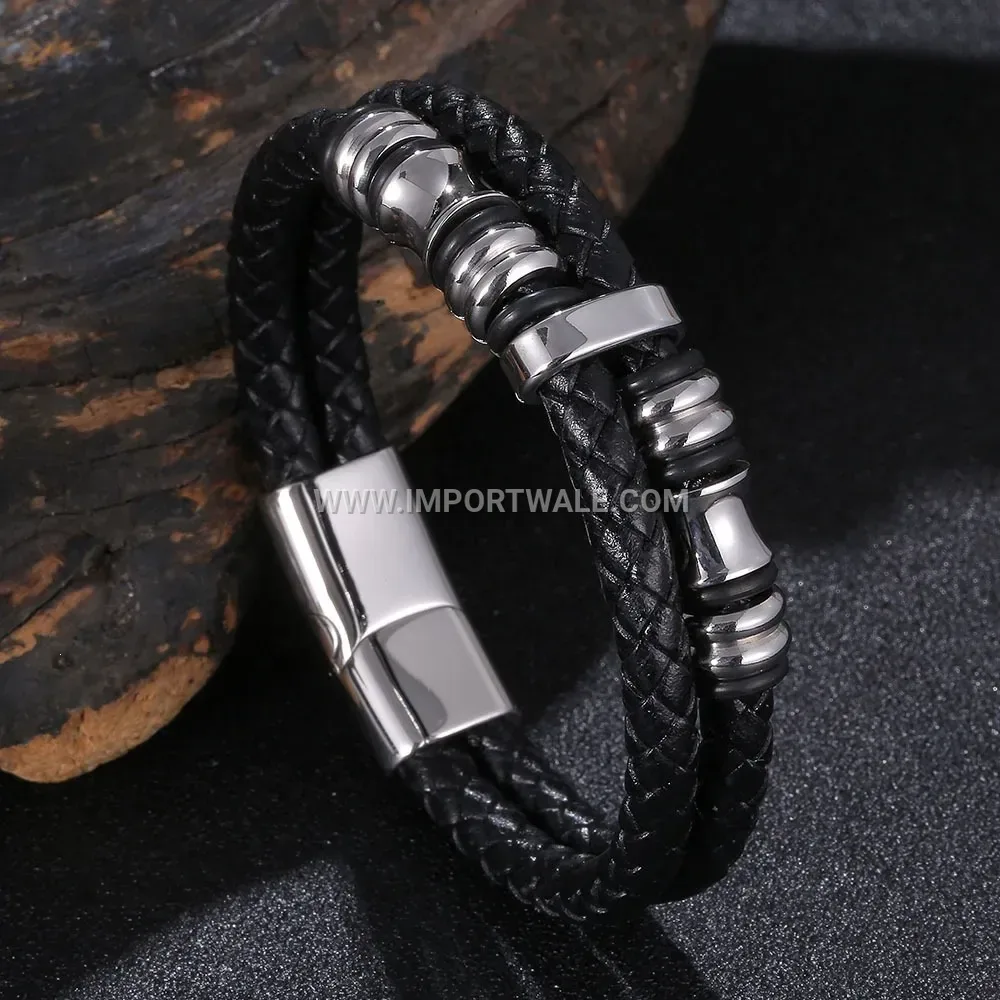 Double-Layer Braided Leather Bracelet with Stainless Steel Magnetic Clasp