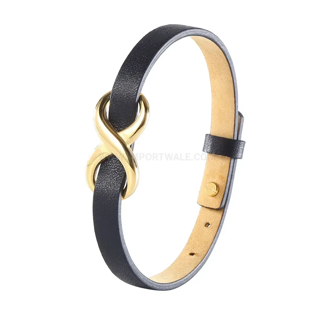 Adjustable Figure Eight Leather Strap Bracelet With Gold Stainless Steel