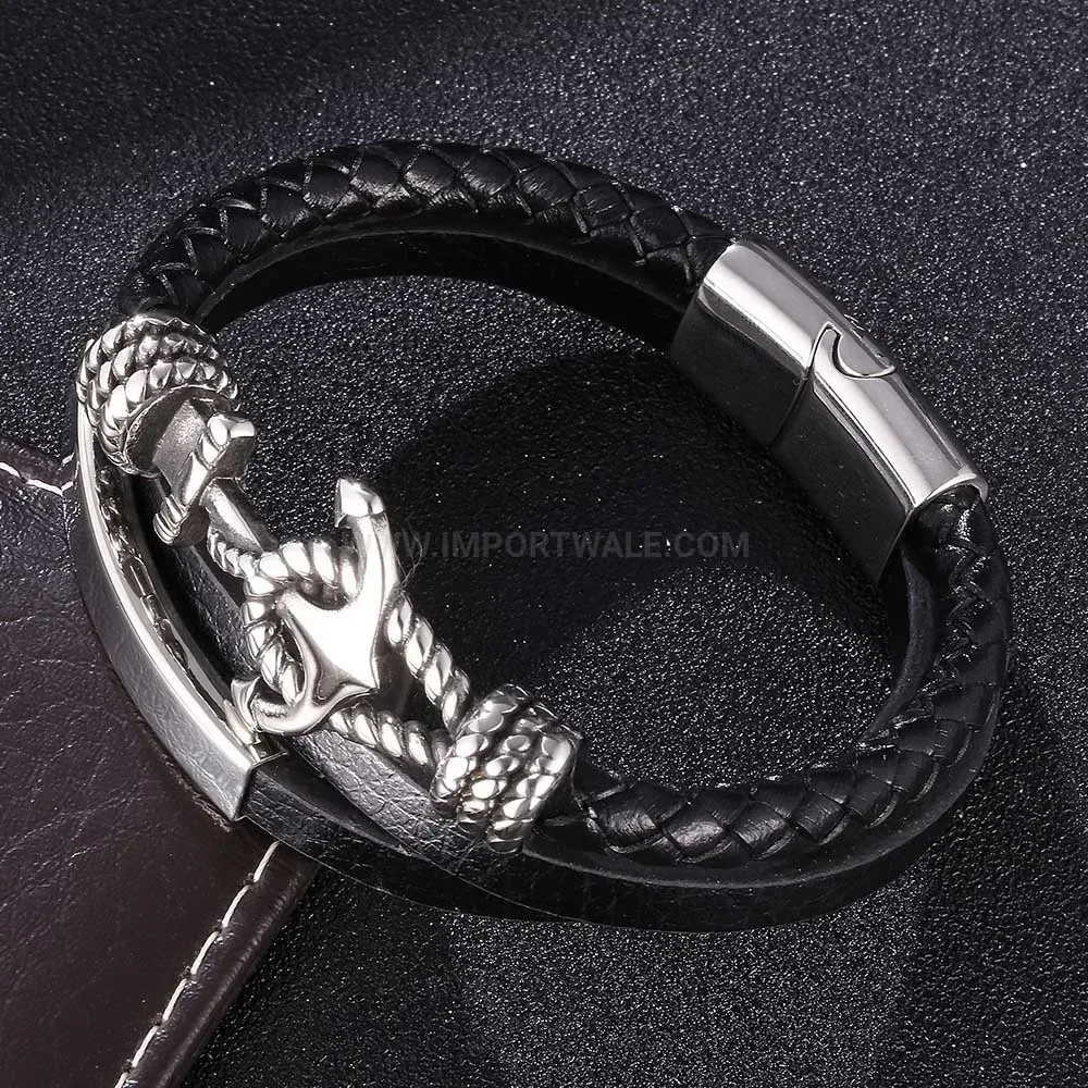 Braided Leather Anchor Stainless Steel Multi Strand Bracelet