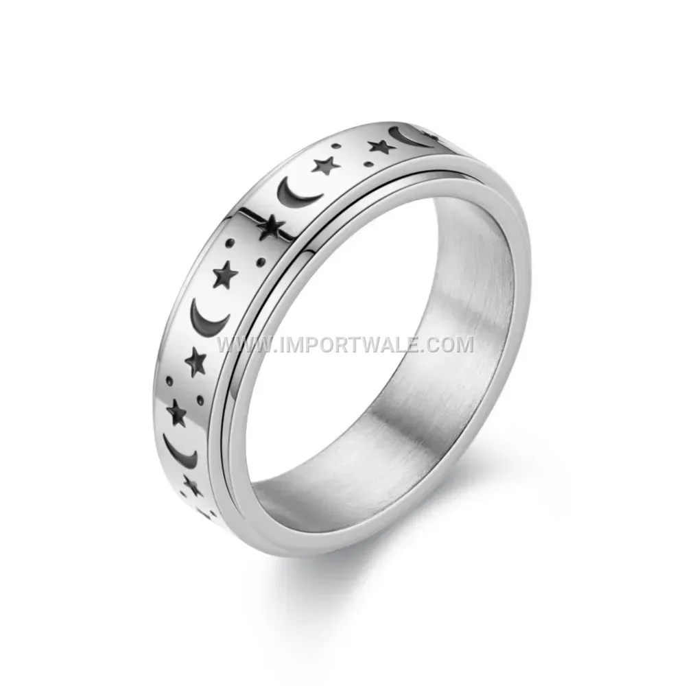 Sun Moon Star Engraved Stainless Steel Spinner Ring