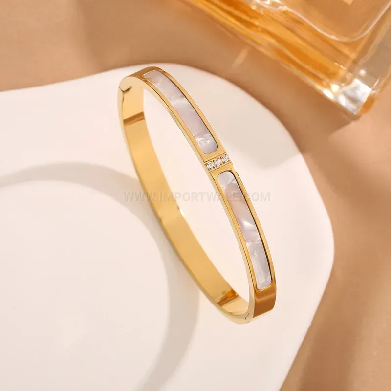 White Mother-of-Pearl Three-Stone Titanium Steel Bangle