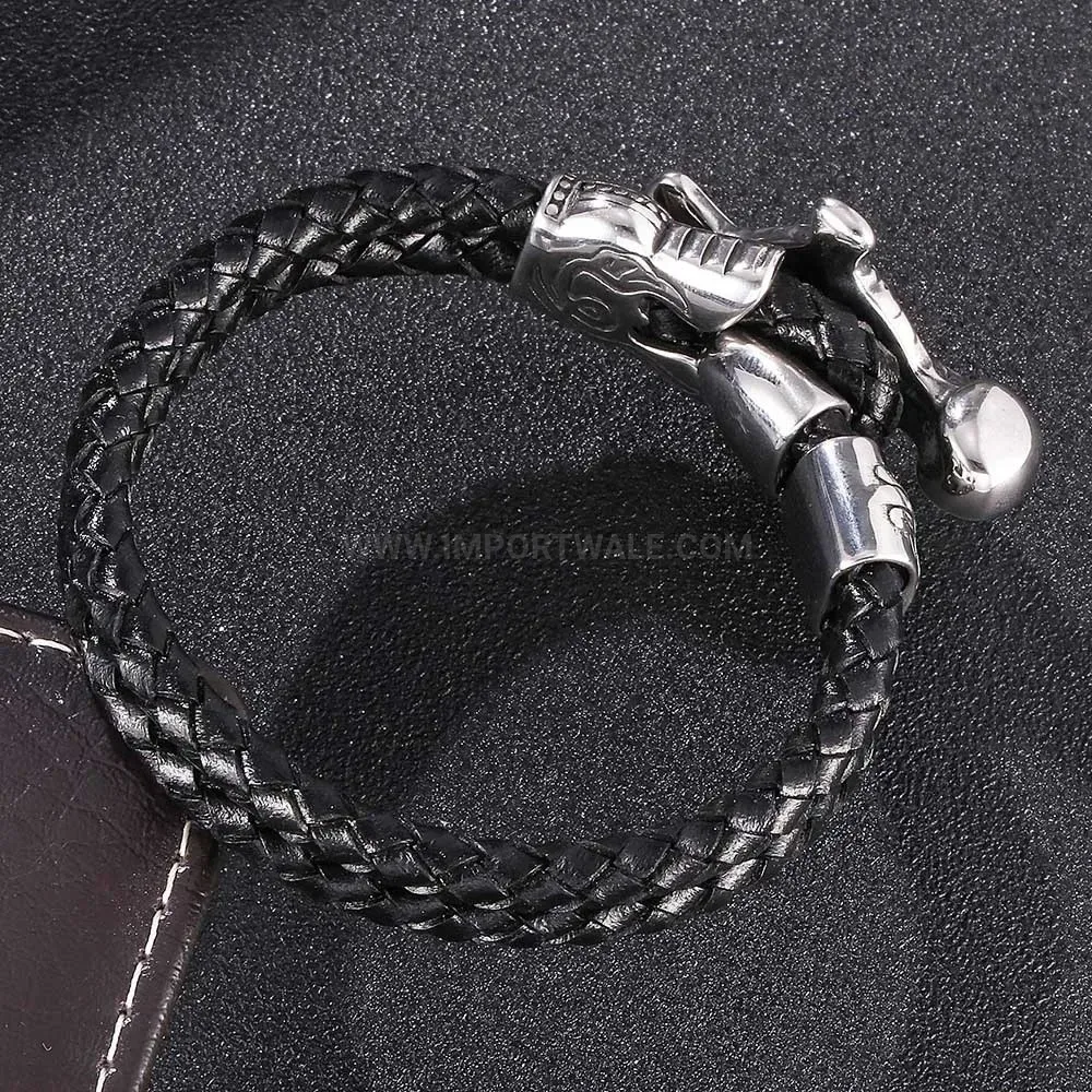 Double Wrap Braided Leather Skull Motif Steel Cuff Bracelet