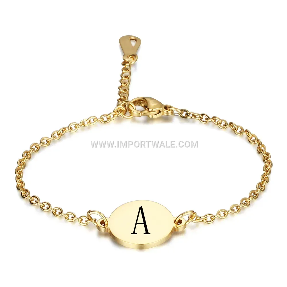 Stainless Steel Oval Engraved Initial Charm Bracelet