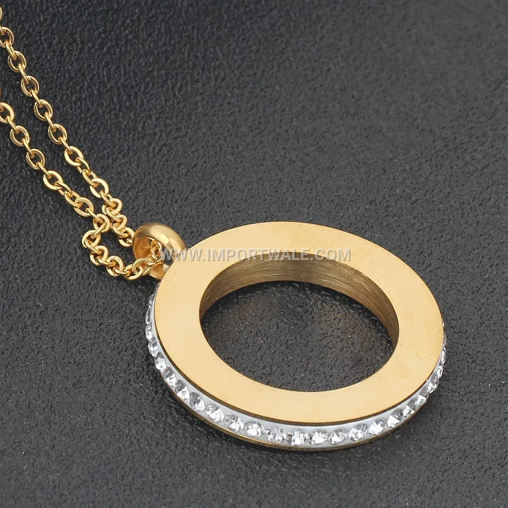 Gold Stainless Steel Engraved Love Circle Pendant Necklace with Crystals