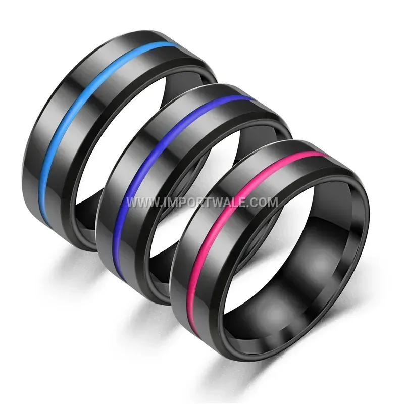 Enamel Accent Stainless Steel Beveled Edge Band Ring