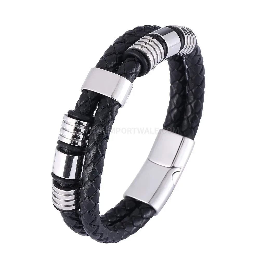 Dual Layer Braided Leather Stainless Steel Men Wristband