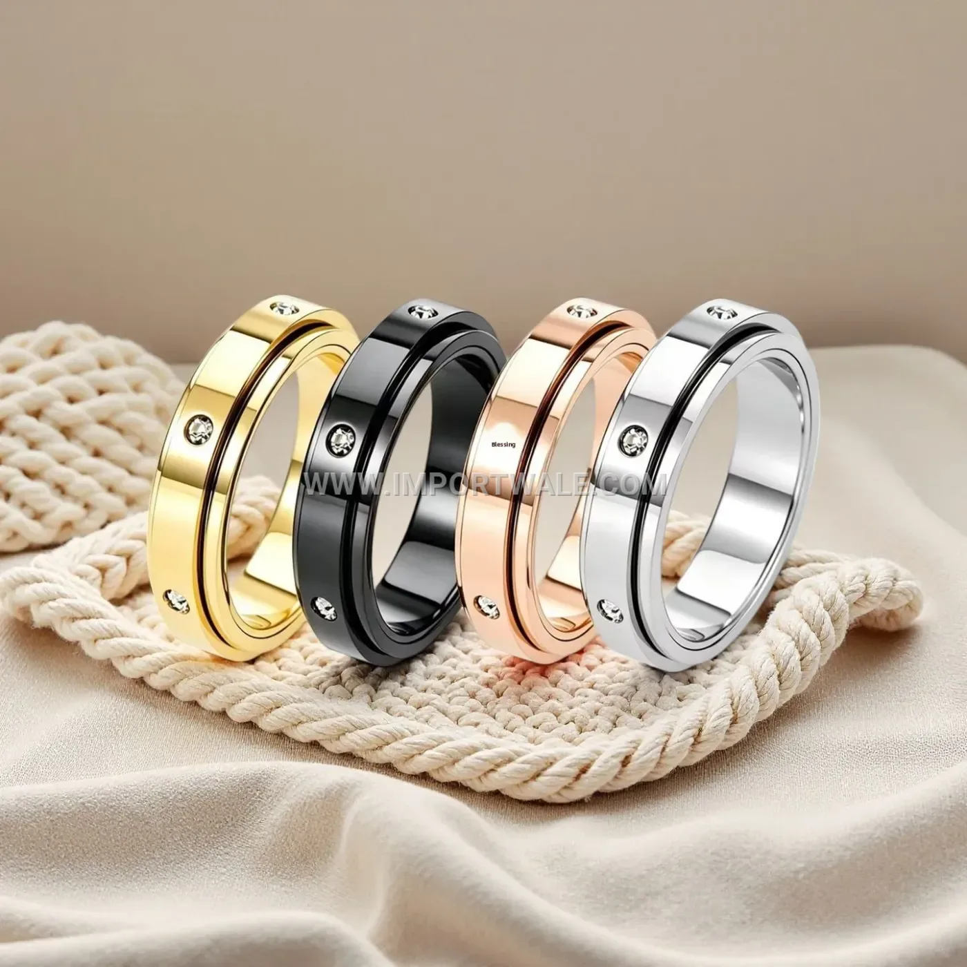 Rotatable Stainless Steel Band with Crystal Accents
