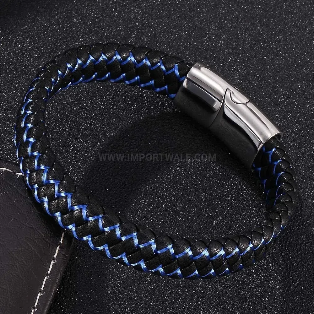Threaded Leather Cord Bracelet with Stainless Steel Magnetic Clasp