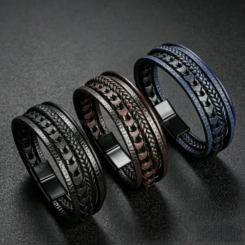 Modern Multi Strand Braided Leather Wristband with Alloy Magnetic Clasp